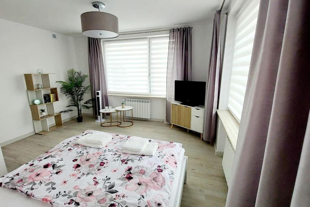 1 dormitorio con 1 cama y TV en Apartament Żurawia, en Radom