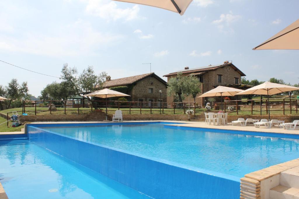 a large blue swimming pool with chairs and umbrellas at Agriturismo Nociquerceto in Tarano