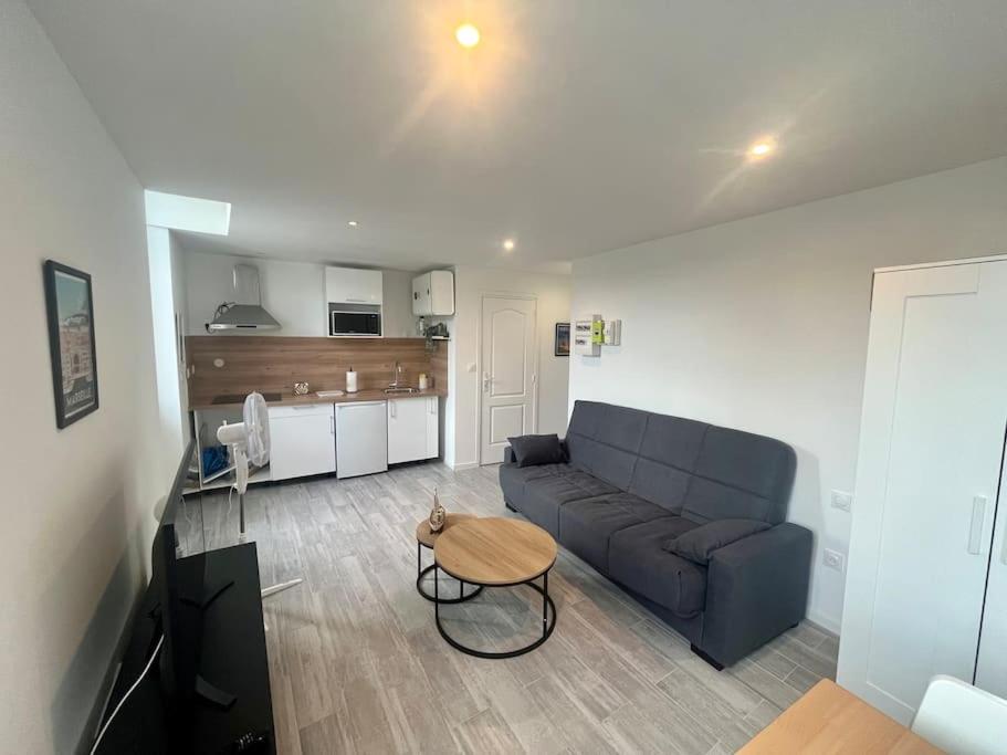 un salon avec un canapé et une table dans l'établissement Studio cosy refait à neuf, à Marseille