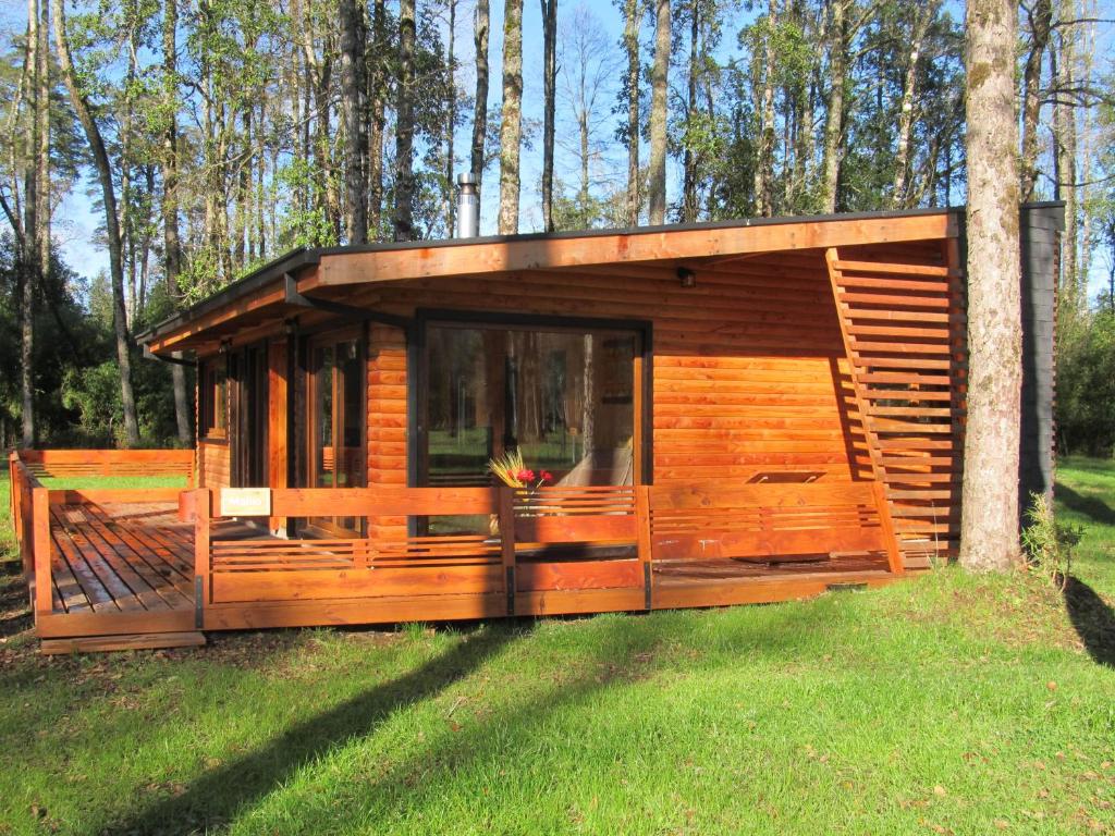 una cabaña de madera en la hierba en un bosque en Los Lingues Lodge, en Puerto Octay