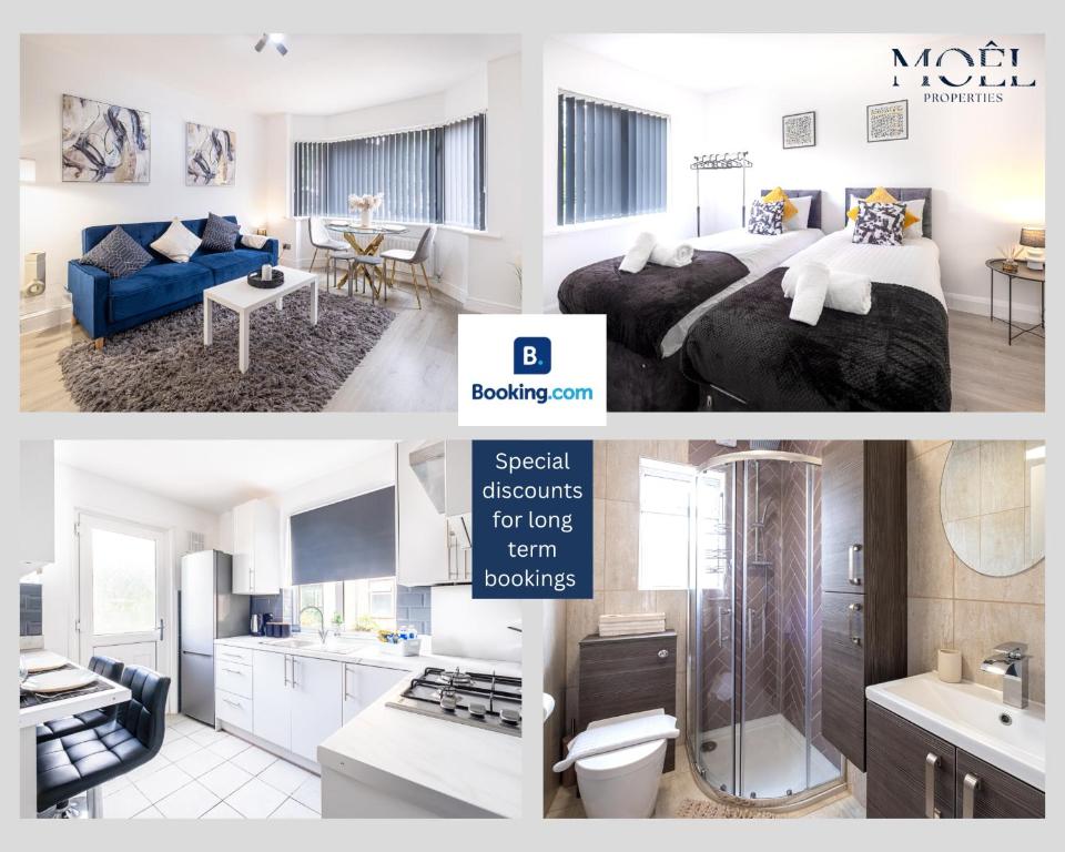 een collage van foto's van een slaapkamer en een badkamer bij Spacious 2 Bed Home with FREE PARKING and Netflix in Maidenhead