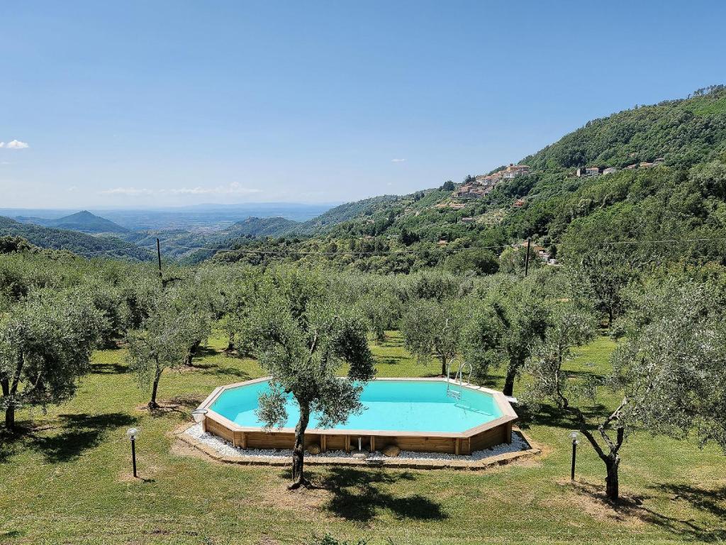 uma piscina exterior num campo com árvores em Shaleo, Casa indipendente con piscina privata, Marliana em Marliana