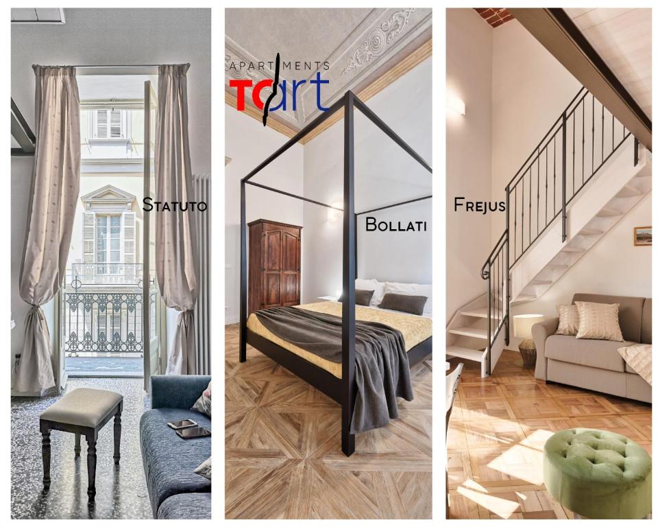 three pictures of a room with a bed and a staircase at Apartments to Art in Turin