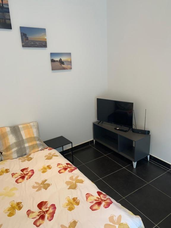 a bedroom with a bed and a flat screen tv at Jolie maisonnette avec terrasse Nancy centre in Nancy