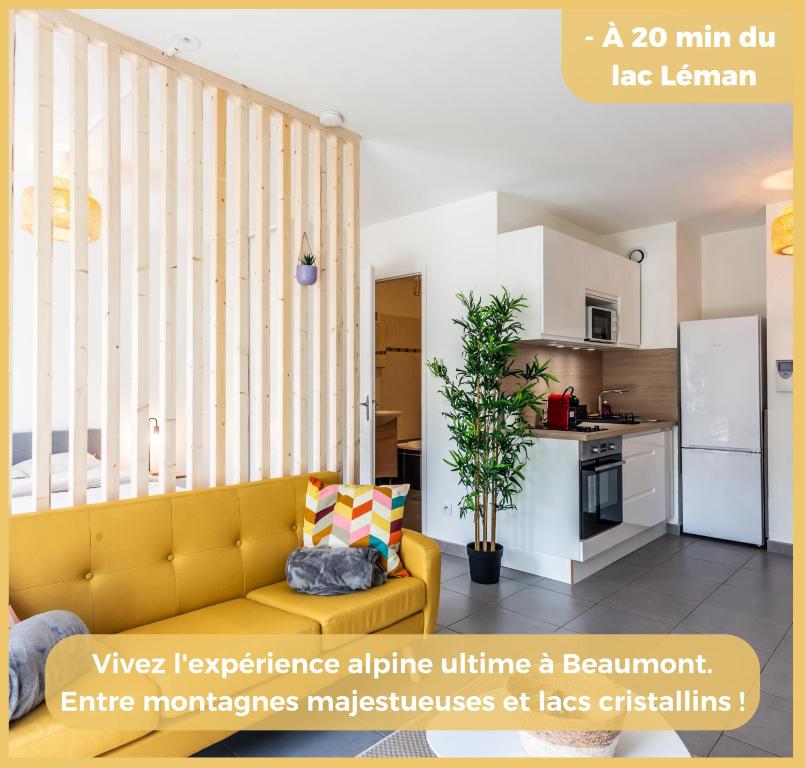 a living room with a yellow couch and a kitchen at Appartement T2 Proche Genève Beaumont in Beaumont