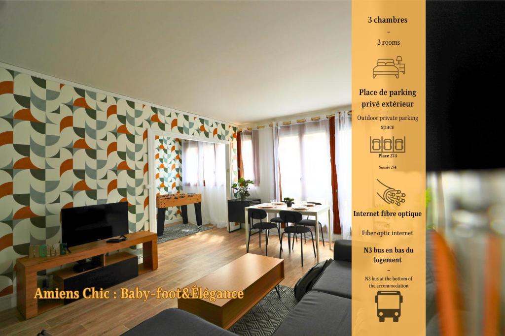 a room with a table and a living room at Amiens Chic - Baby Foot&Élégance in Amiens