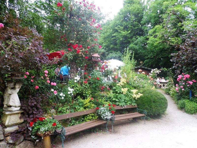 a bench in a garden with flowers and plants at Hotel Restaurant - Häuserl im Wald Graz in Graz