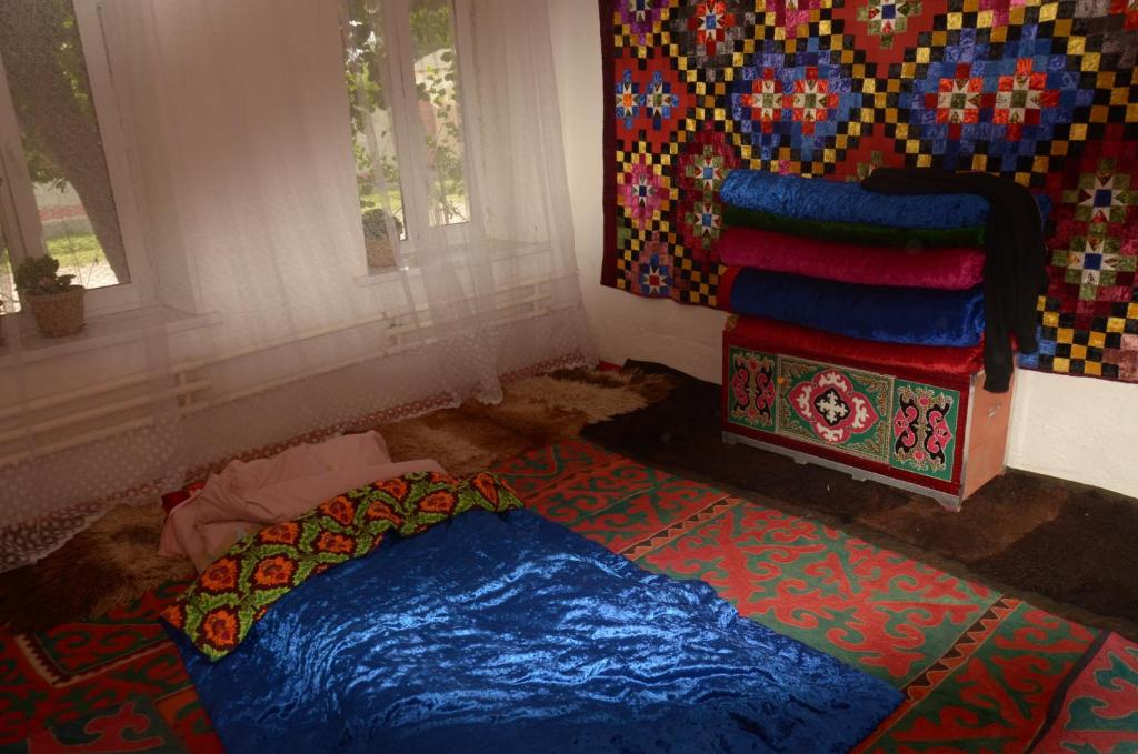 een slaapkamer met een bed en een kleurrijke muur bij Kyrgyz Simple House 