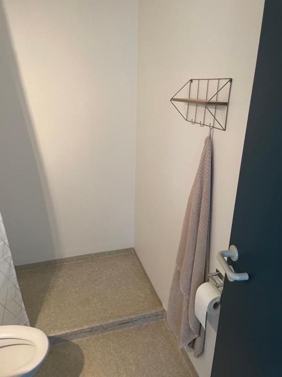 uma casa de banho com um WC e um toalheiro. em Hotel Vin & Gastro em Aabenraa
