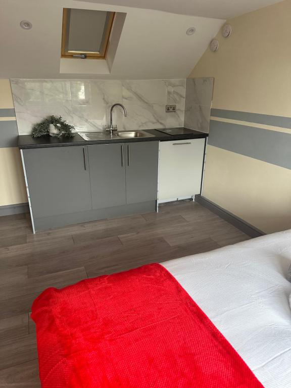 a kitchen with a sink and a bed with a red blanket at Rockford Villa in Perivale