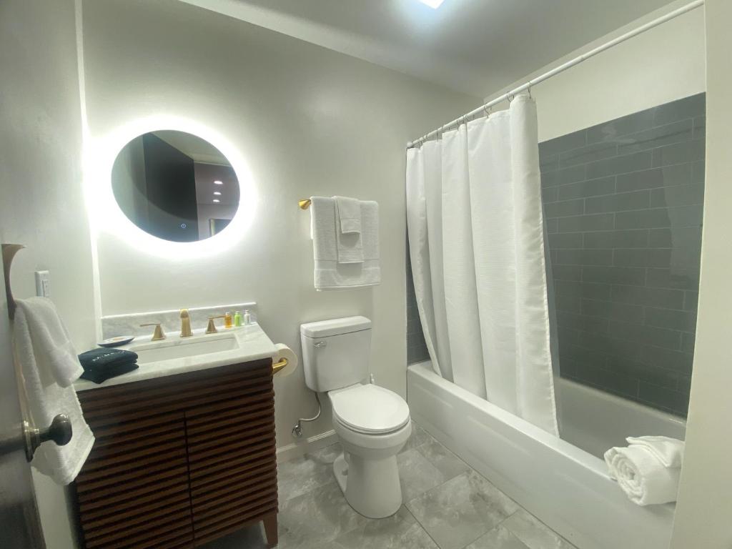 a bathroom with a toilet and a sink and a shower at The True The Archive Lofts in Marion