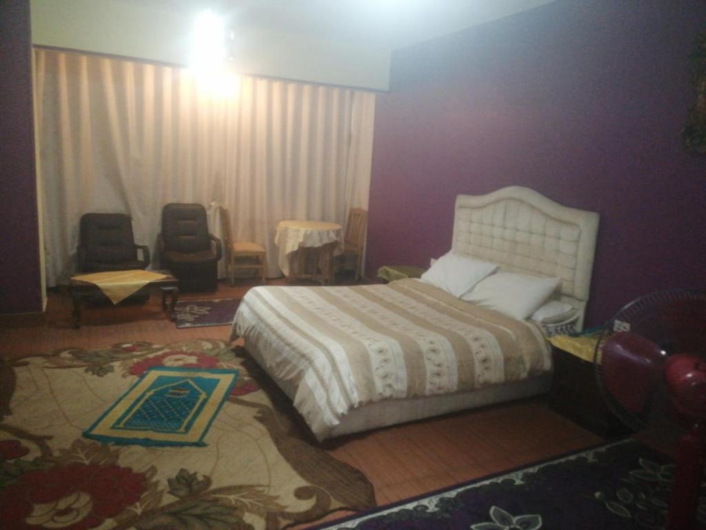 um quarto com uma cama num quarto roxo em Hotel Room with Breakfast -Beni sweif em Beni Suef