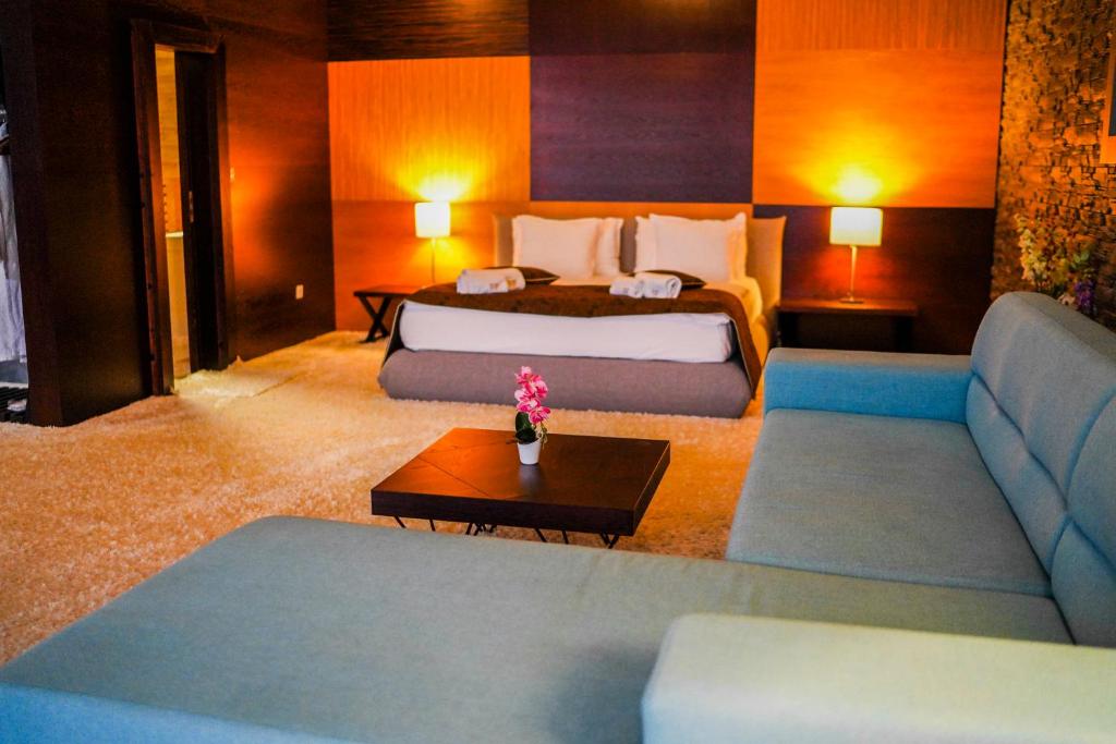 格拉瓦塔斯VIP House Glavatarski Han的一间酒店房间，里面有一张床和一张沙发