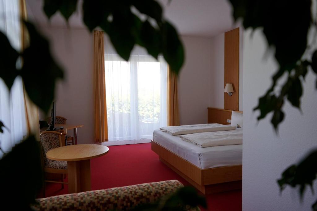 ein Hotelzimmer mit einem Bett und einem Fenster in der Unterkunft Hainberg Hotel in Ebersbach-Neugersdorf