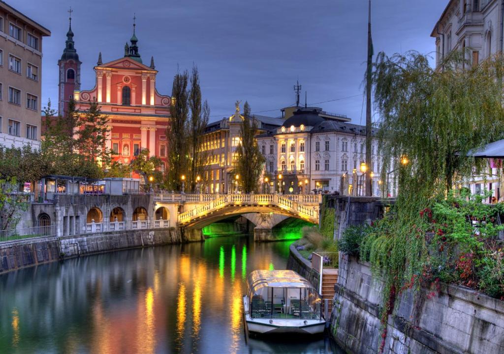 a bridge over a river in a city at night at Oxford Apartments in Ljubljana