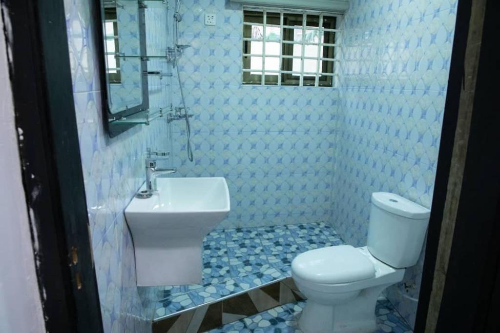 y baño con aseo, lavabo y espejo. en Holly House, en Accra