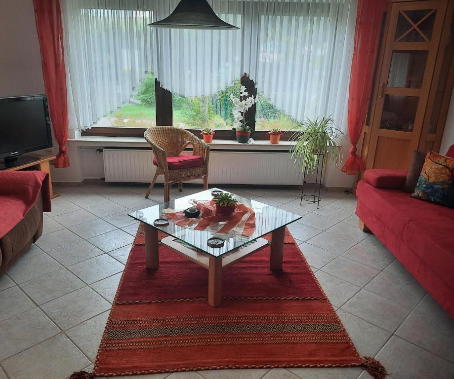 a living room with a glass table and a red couch at Im Vulkanparkherz in Glees