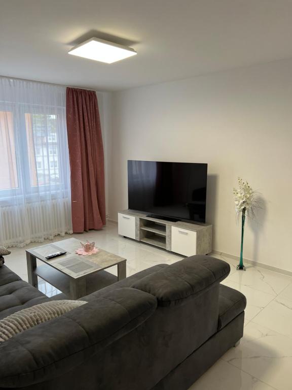 een woonkamer met een bank en een flatscreen-tv bij Wunderschöne Ferienwohnung in Solingen-Mitte in Solingen
