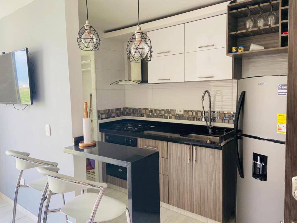eine Küche mit Spüle und Kühlschrank in der Unterkunft Apartamento Ibague in Ibagué