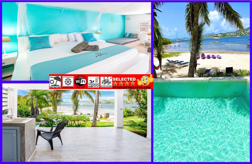 un collage de fotos de una habitación de hotel y una piscina en Studio Stmartin, en Saint Martin