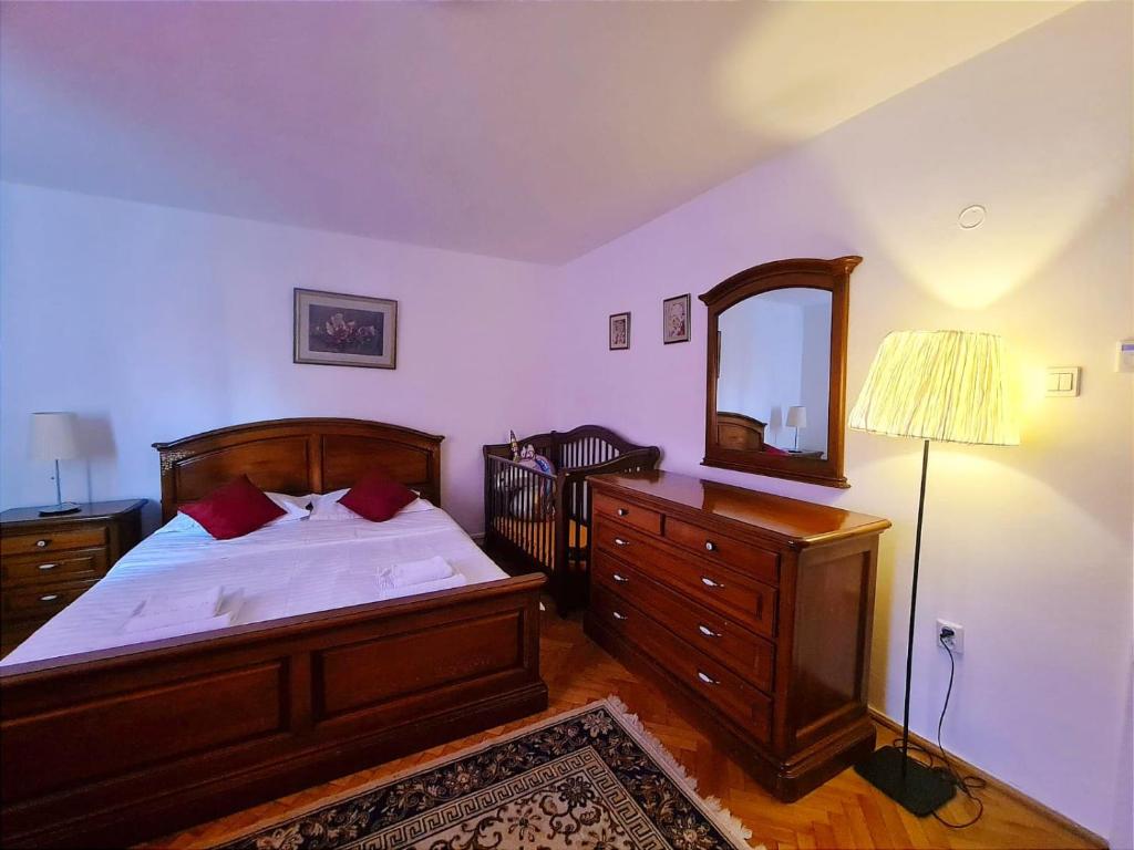 a bedroom with a bed with a dresser and a mirror at Lelia Residence Apartments in Braşov