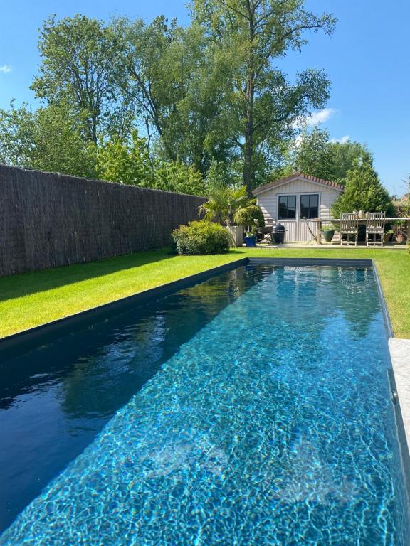 a swimming pool with blue water in a yard at La Maison d'Arc in Frasnes-lez-Anvaing
