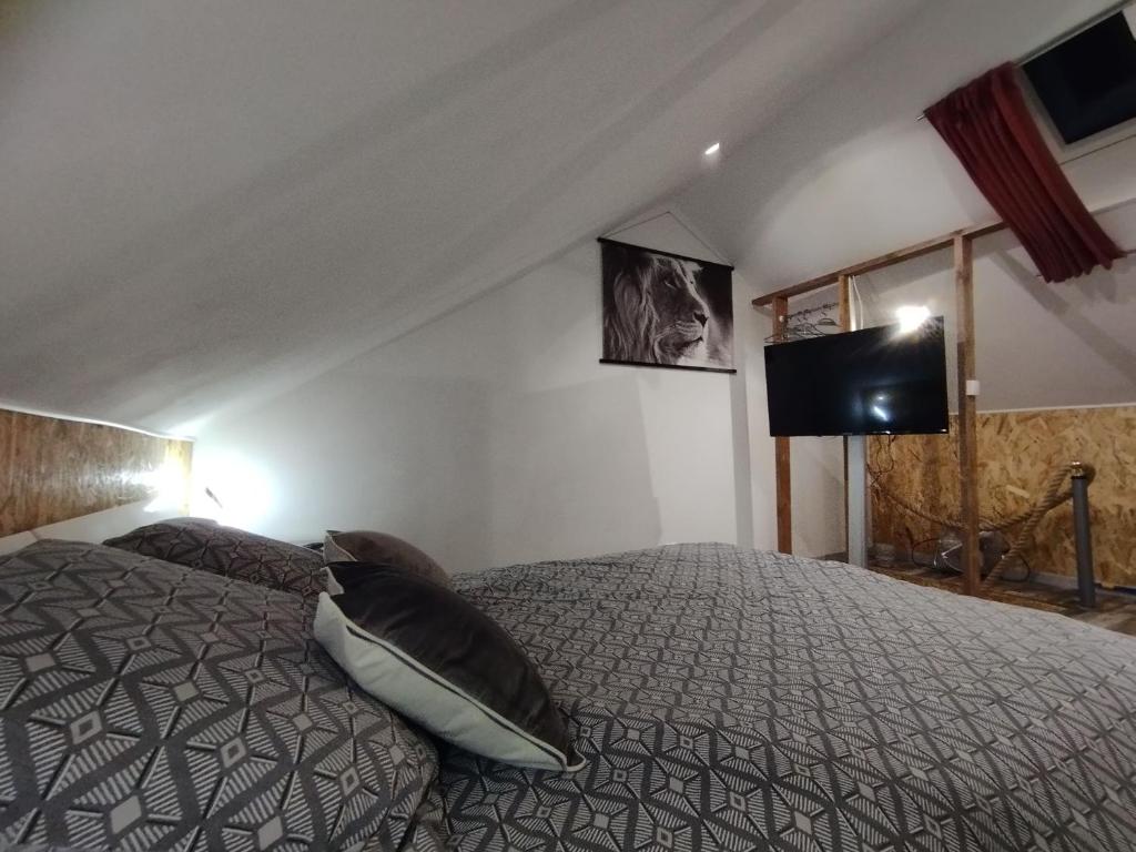 a bedroom with a bed and a flat screen tv at Gîte Sauna Balnéo Berck sur Mer Lâchez Prise in Berck-sur-Mer