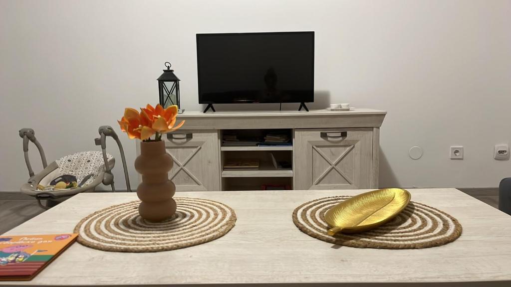 un tavolo con un vaso su un tavolo con una televisione di Orlando apartman a Kotor (Cattaro)