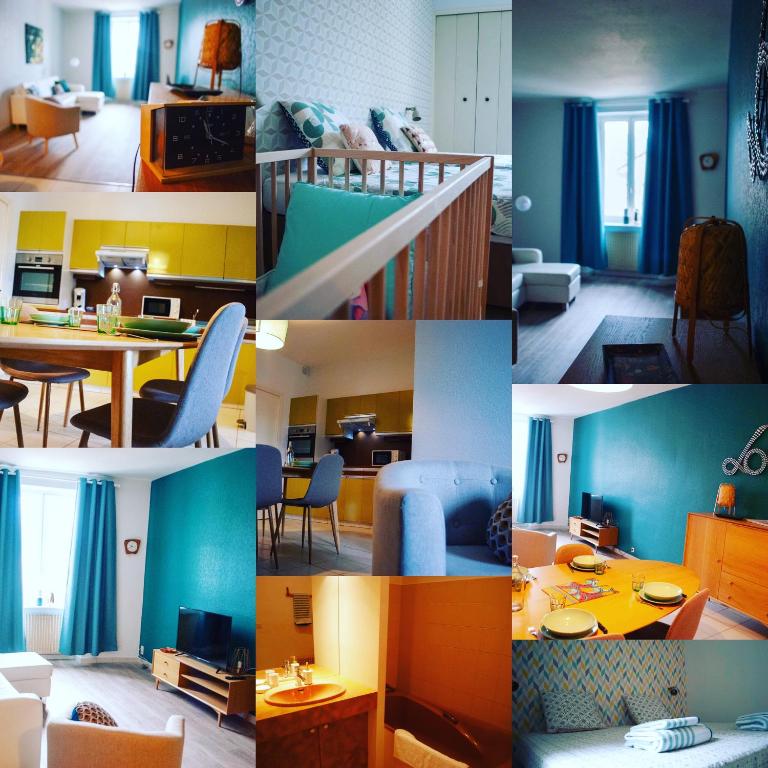 un collage de différentes photos d'un salon dans l'établissement Le seventie's, à Millau