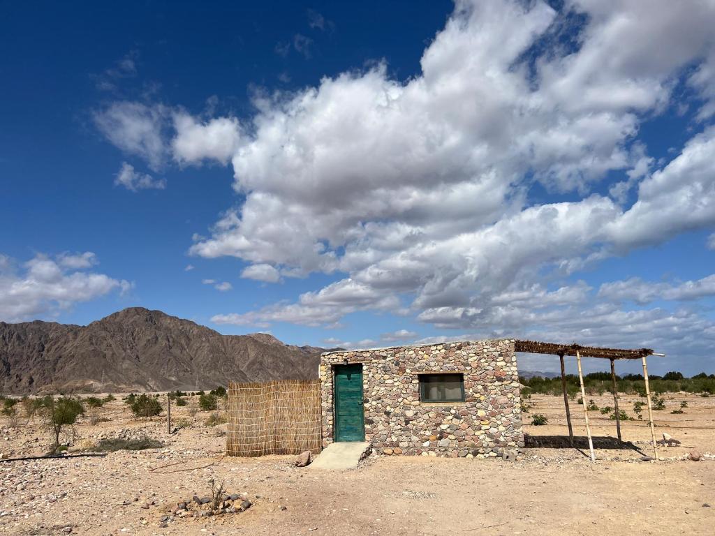un edificio de piedra con una puerta verde en el desierto en Cozy farm studio en Nuweiba