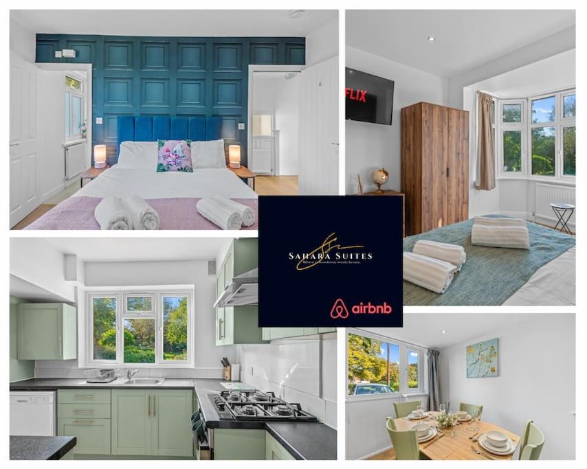 a collage of pictures of a bedroom and a kitchen at Luxury 6 bed 6 En-suite - Free Parking Reading in Reading