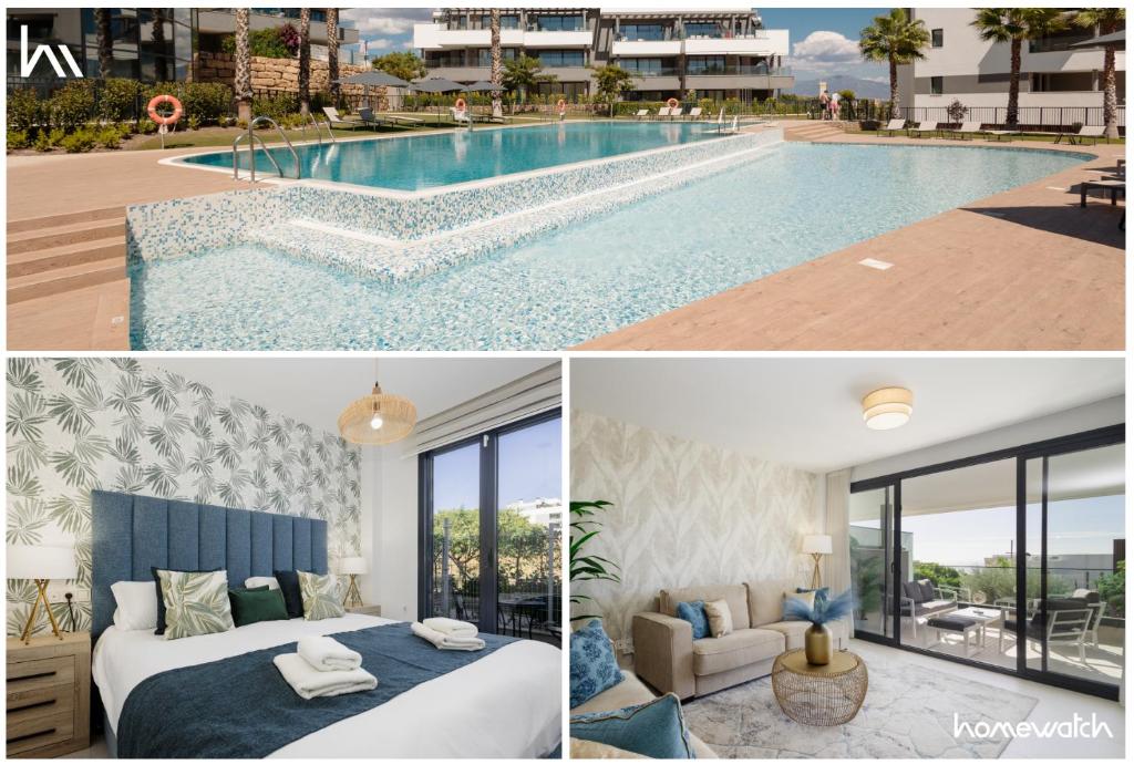 une chambre d'hôtel avec une piscine et une chambre dans l'établissement Magnificent apartment, close to the beach, in Estepona, à Estepona