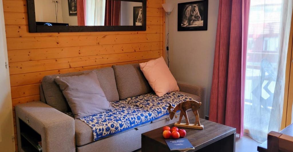a living room with a couch with a dog on a table at T2 pic de l’ours Fontromeu in Font-Romeu
