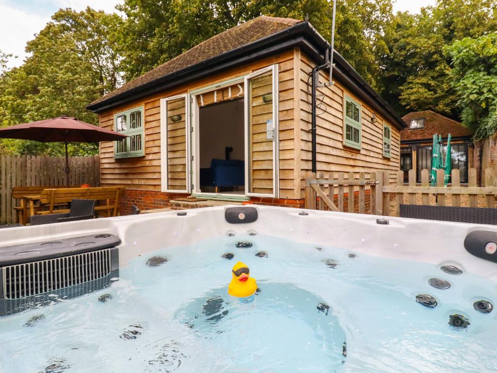 - un canard en caoutchouc dans un bain à remous en face d'une maison dans l'établissement Dreamwood Lodge, à Keston