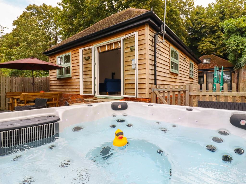 a rubber duck in a hot tub in front of a house at Dreamwood Lodge in Keston