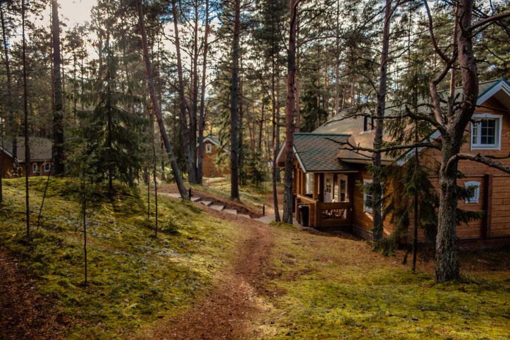 a cabin in the woods with a dirt road in front at Sea Home Resort in Ozerki