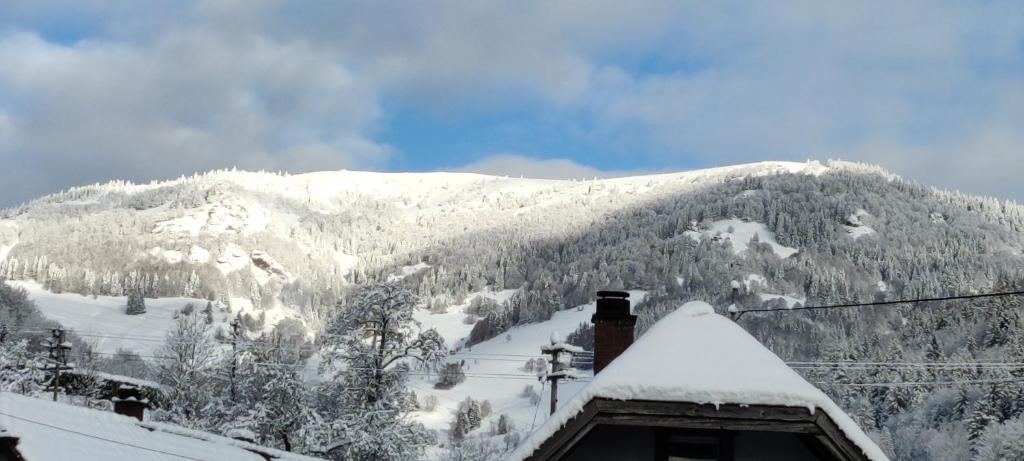 a snow covered mountain in the distance with a house at Ferienwohnung Nani in Kleines Wiesental