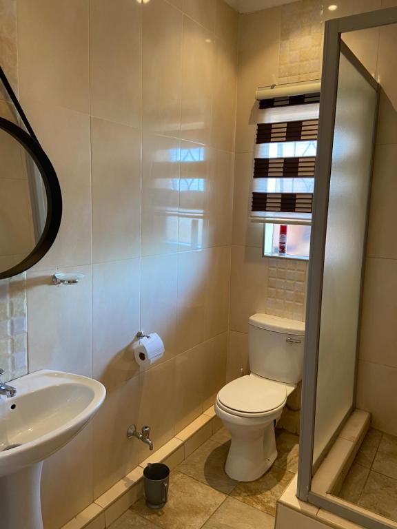 a bathroom with a toilet and a sink and a mirror at AFYZ Mansions in Lenasia