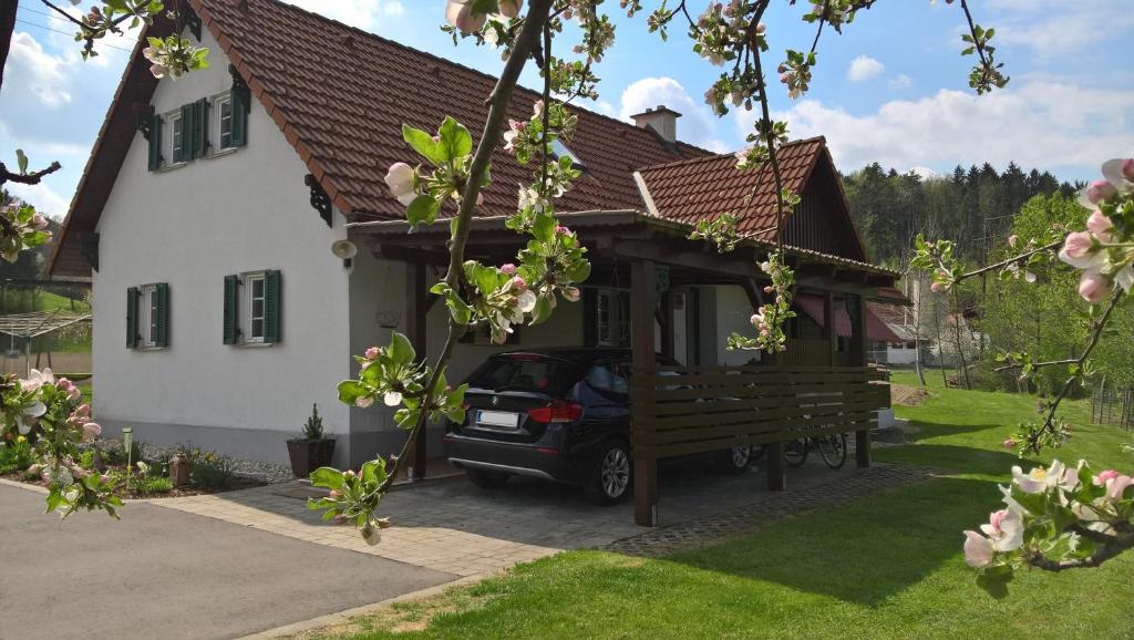 a car parked in front of a house at Ferienhaus Am Bach in Kirchberg an der Raab