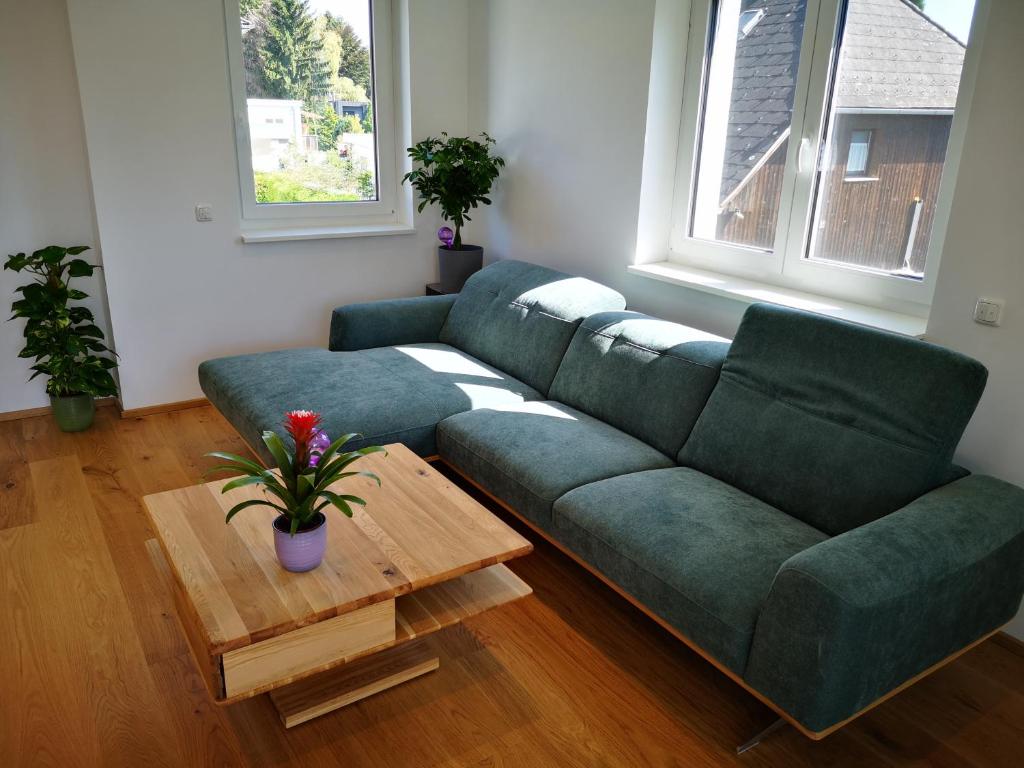 - un salon avec un canapé vert et une table dans l'établissement Cosy Apartment next to the center of Graz, à Graz