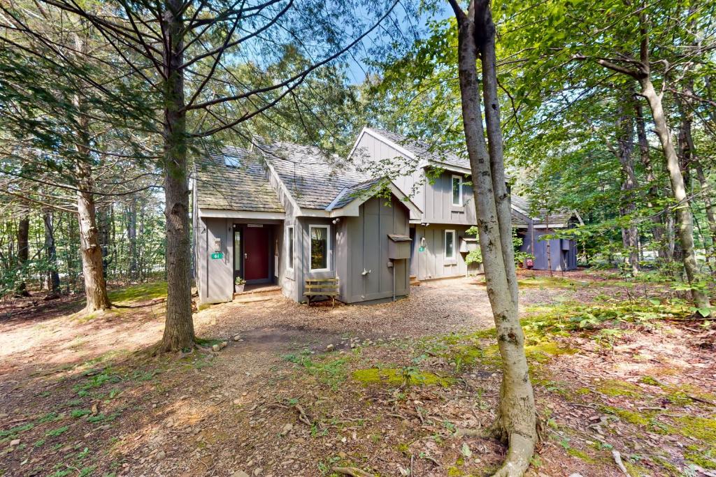 una casa en el bosque con muchos árboles en Downhill Delight en Lake Harmony