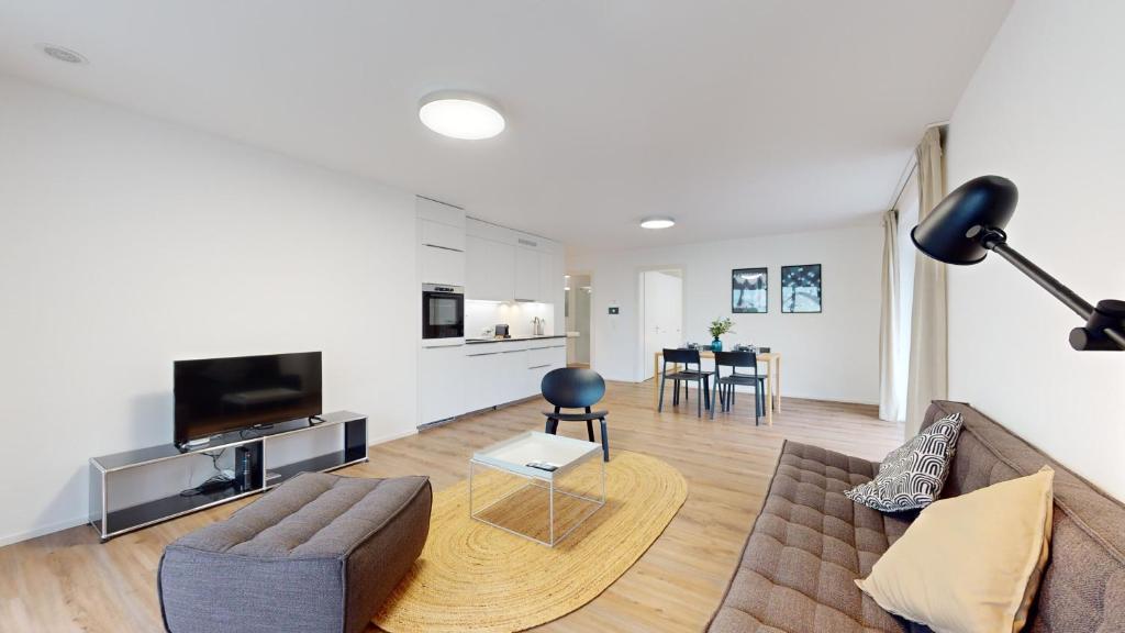 ein Wohnzimmer mit einem Sofa und einem TV in der Unterkunft Bright & modern apartments in Sion in Sion