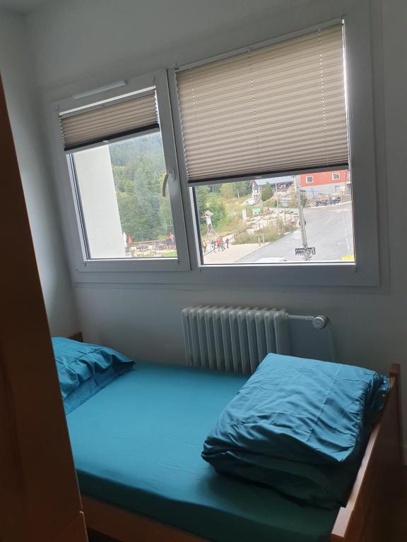 una piccola camera con letto e finestra di Chalet Jaune PINEA a Sarcenas