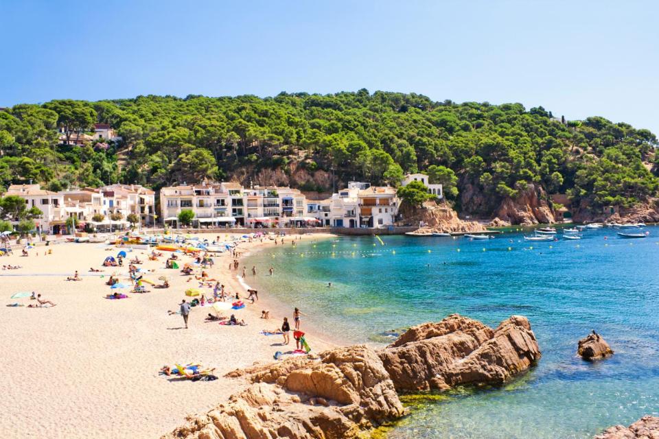 un gruppo di persone su una spiaggia vicino all'acqua di Patxei a Tamariu