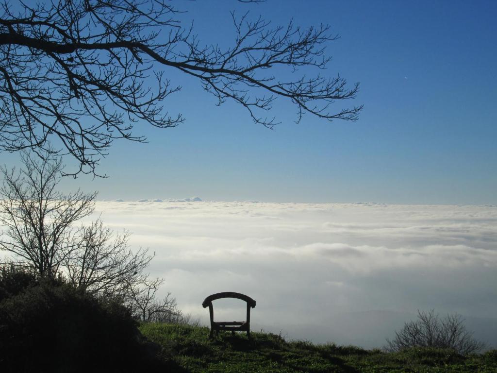 a bench sitting on top of a hill above clouds at Montalma in Monchique