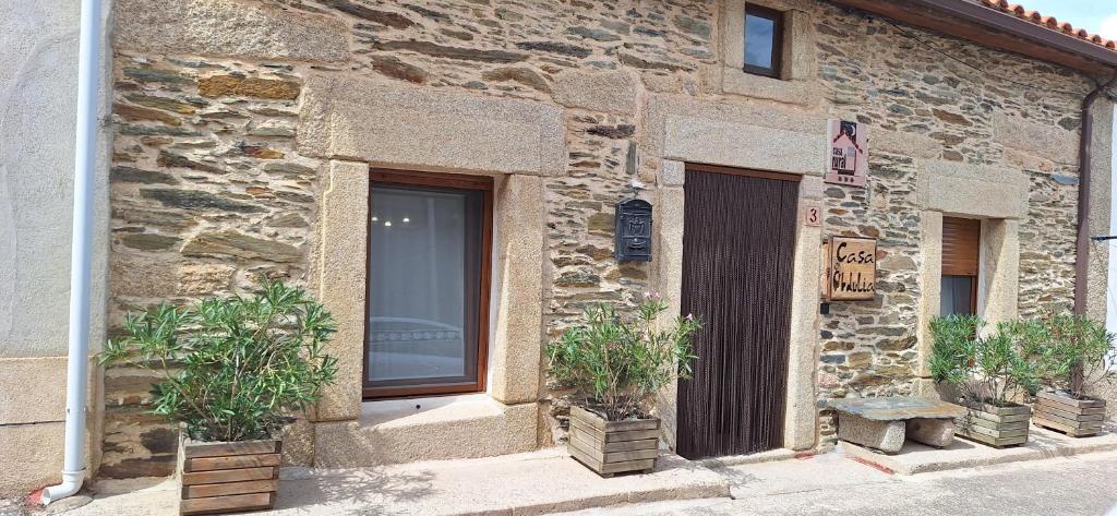 a stone building with two potted plants in front of a door at Casa Obdulia in Vilvestre