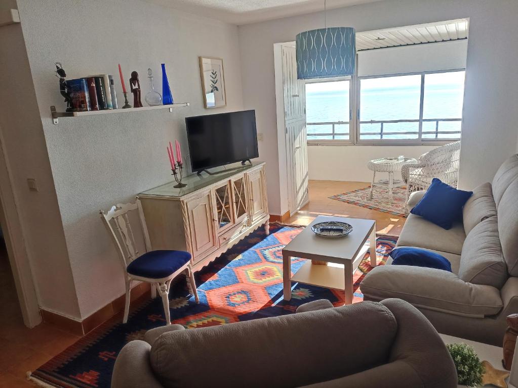 sala de estar con sofá y TV en Paraíso frente al mar, en Almuñécar
