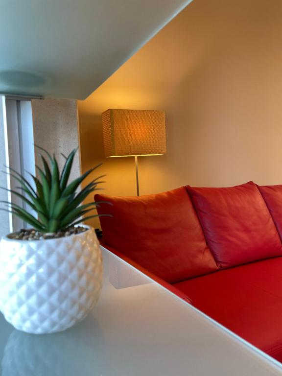 uma sala de estar com um sofá vermelho e uma planta em Proper Apartment 2 em Tirana