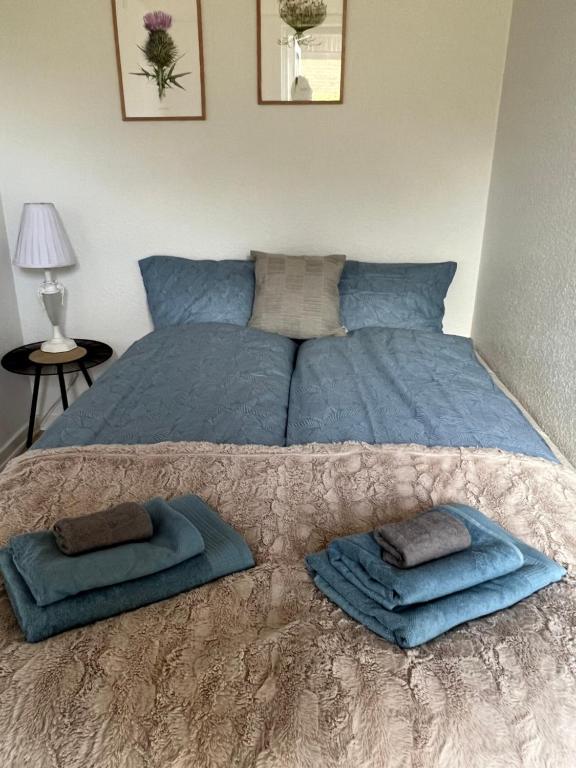 een bed met blauwe kussens in een slaapkamer bij Bed House By Me in Vester-Skerninge