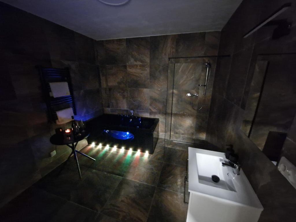 a bathroom with a shower and a sink and a mirror at Apartmán Anežka 3 s vířivou vanou in Jičín